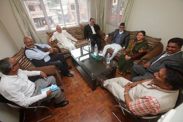 Three major party leaders having a meeting with Madhesi Janaadhikar Forum-Democratic Chairman Bijay Gachhadar at Sanepa on Tuesday.