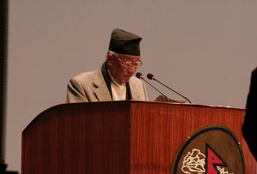 Kul Bahadur Gurung, eldest member of Proposal Drafting Committee (PDC), submits the questionnaire on the new constitution in a CA meeting on Thursday.