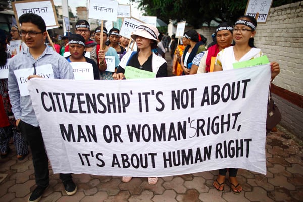 A rally held in Kathmandu on Friday against discriminatory citizenship provisions in the draft constitution.