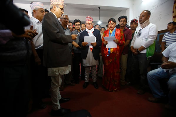 Chiri Babu Maharjan and Geeta Satyal swears in as the mayor and deputy-mayor of Lalitpur Metropolitan City in Jawalakhel on Wednesday.