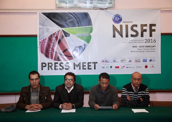 (L-R) Filmmaker Anup Subedi, festival coordinator Surya Thapaliya and Nepal Tourism Board representative Sharad Pradhan at the press meet of the 2nd Nepal International FICTS Sports Film Festival 2016 at Bhrikutimandap on Monday. The program organised by the Nepal Sports Foundation will run from 19-20 February.