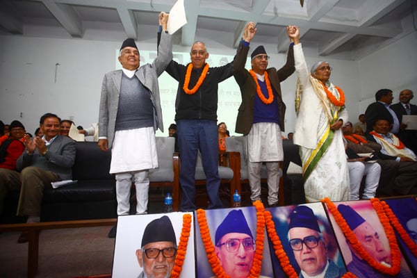 The newly-elected NC President Sher Bahadur Deuba with other leaders at a felicitation program organised by the party in Kathmandu on Wednesday.