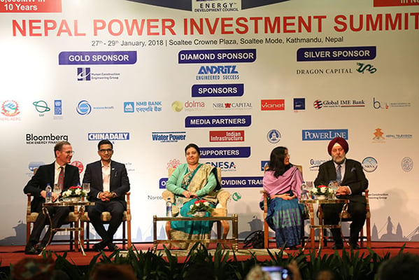 President Bidya Bhandari (centre), Indian Ambassador Manjeev Singh Puri (far right) and German Ambassador Roland Schäfer (far left) during inauguration ceremony of Power Investment summit on Saturday in Kathmandu. The event hosted by Energy Development Council Nepal will run for three days until 29 January.