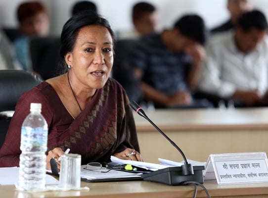 Advocate Sapana Pradhan Malla, one of the 11 newly nominated Supreme Court justices, answers questions raised by the Parliamentary Hearing Committee on Thursday. Her appointment will be confirmed once the committee approves her nomination.