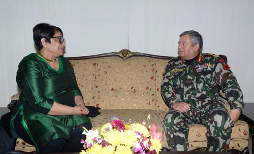 Nepal Army Chief Gaurav Shumsher Rana with Former Special Representative of the Secretary General on Children and Armed Conflict Radhika Coomaraswamy on Thursday.