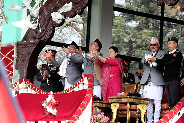 President Bidya Bandari, Vice-President Nanda Kishore Pun, Prime Minister KP Oli and Chief Justice Gopal Parajuli release doves at the Army Pavilion on the occasion of 68th Democracy Day on Monday.