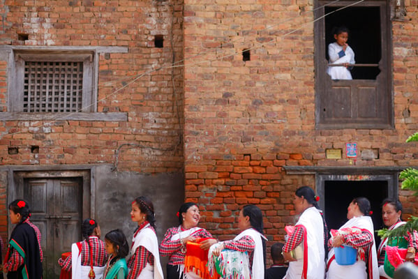 Women in Thecho, Lalitpur participate in the Matya festival on Wednesday. The festival celebrates Buddha overcoming temptation and attaining wisdom.