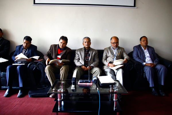 Former Maoist leader Baburam Bhattarai along with other leaders at a press meet to make the financial guidelines of Naya Shakti public at Babarmahal on Tuesday.