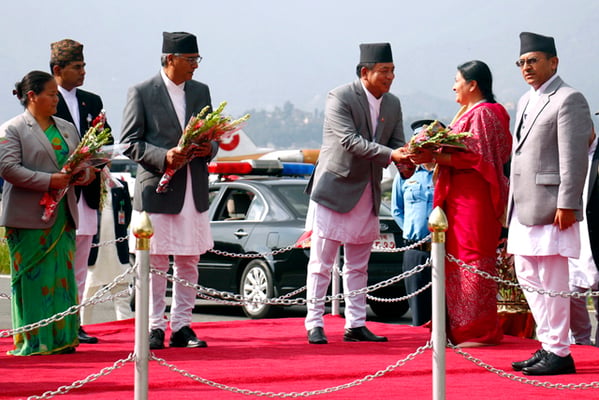 Vice President Nanda Kishor Pun, Prime Minister Sher Bahadur Deuba and Speaker of the Parliament Onsari Gharti Magar receives President Bidya Devi Bhandari at Tribhuvan International Airport on Sunday upon her return from Geneva, Switzerland.
