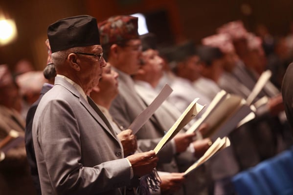Newly elected members of Parliament take the oath of office and secrecy at Kathmandu on Monday.