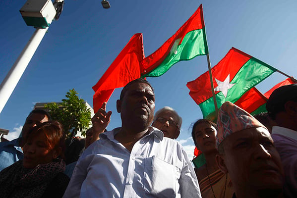 Chairman of Federal Socialist Forum Nepal Upendra Yadav participates in a rally protesting the new constitution draft at Baneswor on Tuesday.