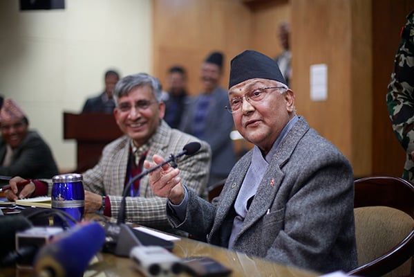 Prime Minister KP Oli briefs journalists about his six-day India visit at Singha Darbar on Thursday.