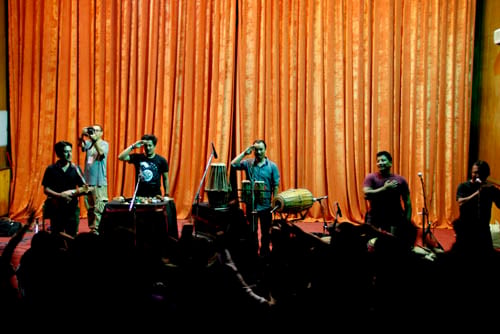 Nepali folk ensemble Kutumba performs at Kathmandu University on Friday as a part of their drive to collect stationery materials for students of earthquake affected areas.