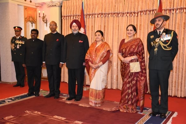 Ambassador of India to Nepal, Manjeev Singh Puri presents his credentials to the President of Nepal Bidya Devi Bhandari at Shital Niwas, Kathmandu on Sunday.