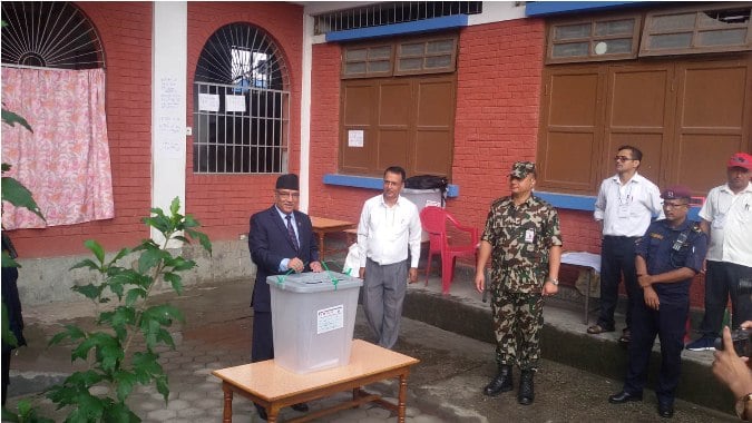 Prime Minister Pushpa Kamal Dahal casts his vote from Chitwan during the first phase of the local elections on Sunday.