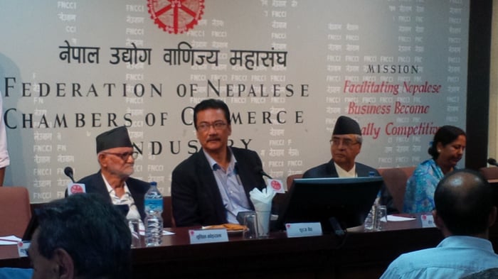 INTERACTIVE: Nepali Congress leaders Sushil Koirala and Sher Bahadur Deuba with FNCCI's Suraj Vaidya (centre) at a discussion regarding business and election manifestos on Sunday.