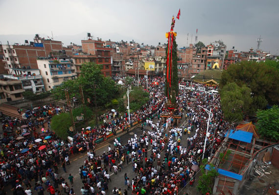 Devotees pull the chariot of Rato Machhendranath on the first day of the month-long festival in Pulchowk, Lalitpur on Tuesday.
