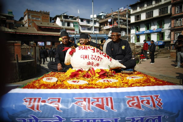 Members of the Newar community celebrate Yomari Punhi in Kathmandu on Sunday.