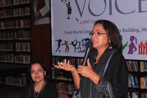 Actors Seema Biswas (right) and Sushmita Mukherjee attend the 21st edition of Voices organised by the Indian embassy and B.P. Koirala India-Nepal Foundation on Monday.