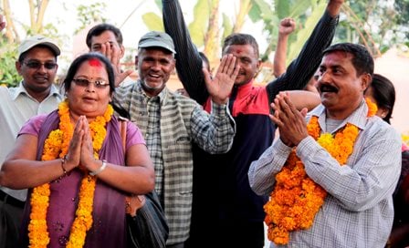 VOTE FOR ME: UML candidates from Kathmandu-4 on their door-to-door election campaign on Friday afternoon.