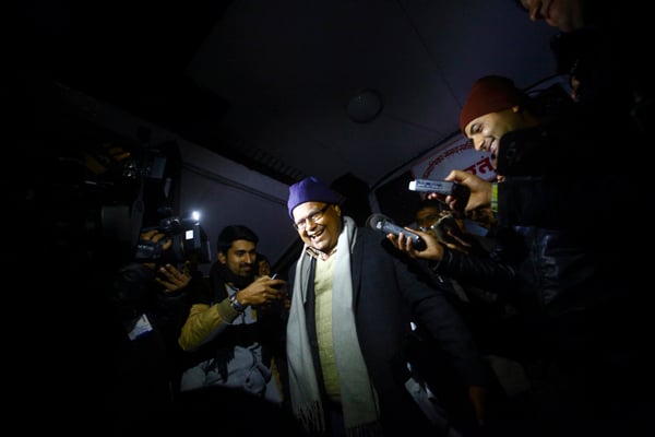 Sadbhavana Party leader Laxman Lal Karna after a meeting with the Big Three parties in Singha Darbar on Sunday. A constituent member of Madhesi Morcha, Sadbhavana had boycotted talks after its President Rajendra Mahato was thrashed by police in Biratnagar but it rejoined talks on Saturday.