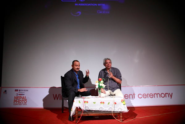 Photographer Prashant Panjiar (right) at an interaction program during the Global IME Nepal Photo Contest 2016 held at Rastriya Nachghar, Jamal on Friday.