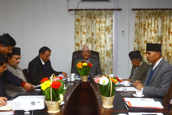 Prime minister K P Sharma Oli chairs the first meeting of the National Reconstruction Authority at Singha Darbar on Monday.