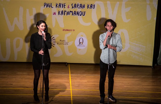 Spoken word poets Sarah Kay and Phil Kaye perform for a audience during a show in Kamal Mani Theatre, Rato Bangala School at Patan Dhoka on Tuesday.