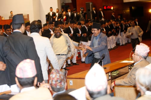 Opposition lawmakers prevent the NC's Chief Whip Chin Kaji Shrestha from proposing a questionnaire committee in the CA on Friday