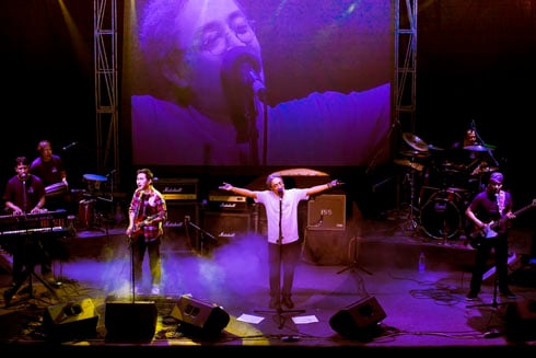 ROCK ON THE ROAD: Amrit Gurung, lead singer of Nepathya, performs in Damak on Tuesday as part of the band’s Education for Peace Concert Tour.