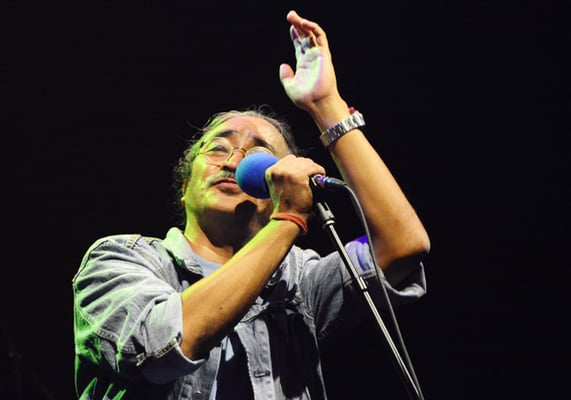 Nepathya frontman Amrit Gurung performs during a concert in New York on Saturday.