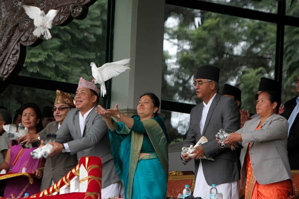President Bidya Devi Bhandari, Vice President Nanda Bahadur Pun, Prime Minister Sher Bahadur Deuba and Speaker Onsari Gharti during the program to mark the second Constitution Day at Kathmandu on Tuesday.