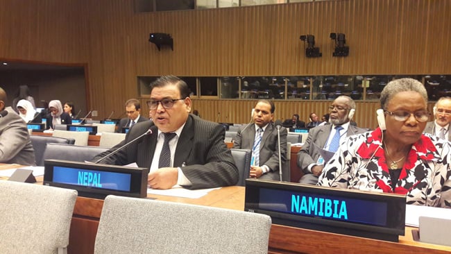 Foreign Affairs Minister Krishna Bahadur Mahara addressing the ministerial level meeting of the Non Aligned Movement (NAM) countries during the 72nd session of the United Nations General Assembly in New York on Wednesday.