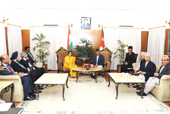 India's External Affairs Minister Sushma Swaraj calls on Prime Minister Sher Bahadur Deuba at Baluwatar on Thursday.