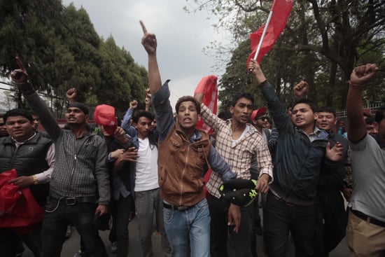 Protesters shout slogans at a rally organised by the UCPN(Maoist) demanding the constitution be drafted with the consensus of all political parties at Exhibition Road on Sunday.