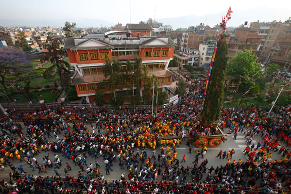 Devotees pull a chariot of Rato Machindranath in Pulchowk, Lalitpur in the first day of the festival on Sunday.