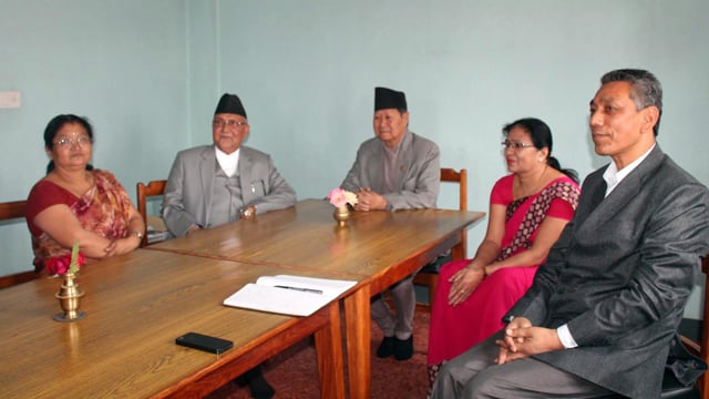 Prime Minister KP Oli and chairman of Nepal Workers and Peasants Party Narayan Man Bijukchhe at a meeting to discuss expediting reconstruction works in Bhaktapur on Monday.