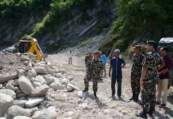 Lieutenant General Purna Chandra Thapa inspects progress of the Kathmandu-Tarai fast-track highway. The army was awarded with the Rs 112 billion contract to build this 76 km express way in April.
