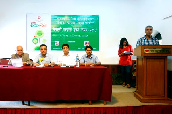 COMING SOON: Kiran Nepal, editor of Himal Khabarpatrika, speaks during the press conference of Nepali Times Eco Fair in Patan on Monday afternoon.