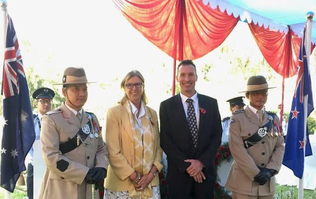Australian Ambassador Peter Budd with New Zealand Consul General Lisa Choegyal at the ANZAC Day ceremony at the Australian Embassy in Maharjganj on 25 April.