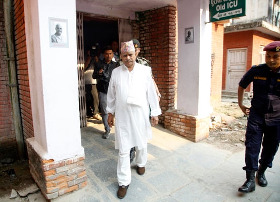 Former President Ram Baran Yadav emerges out of the ICU of Bir Hospital after meeting journalist Kanak Mani Dixit on Tuesday. Dixit is receiving treatment under detention of the Commission for Investigation of Abuse of Authority (CIAA).
