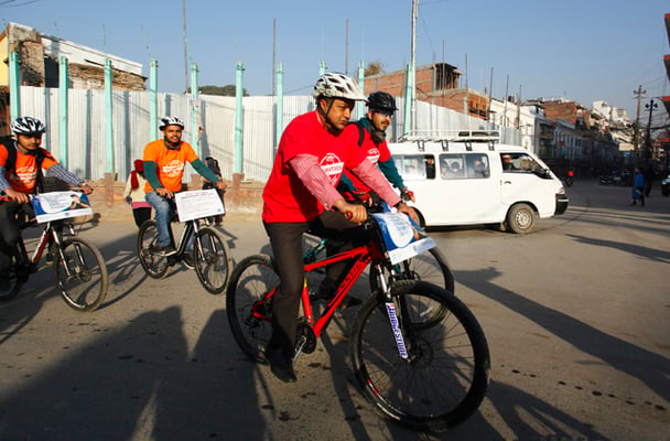 Health Minister Gagan Thapa takes part in a cycle rally on the occasion of World Antibiotics Awareness Week 2016 at Basantapur Darbar Square on Friday.