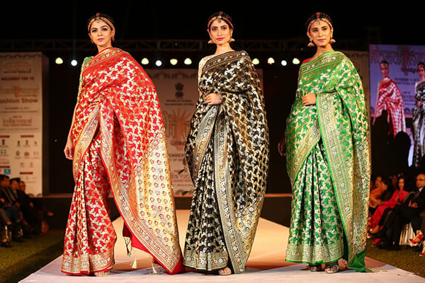 Models showcasing hand woven eco-friendly saree at a Khadi Nepal Fashion event at the Embassy of Indian, Kathmandu on Saturday. The event was organised as a part of the 5-day long India-Nepal Folk Craft Festival which concluded today.