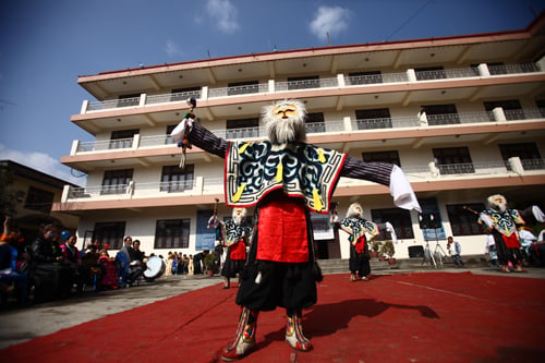 A dancer performs during the Gyalpo Losar celebrations at Ekantakuna on Thursday.