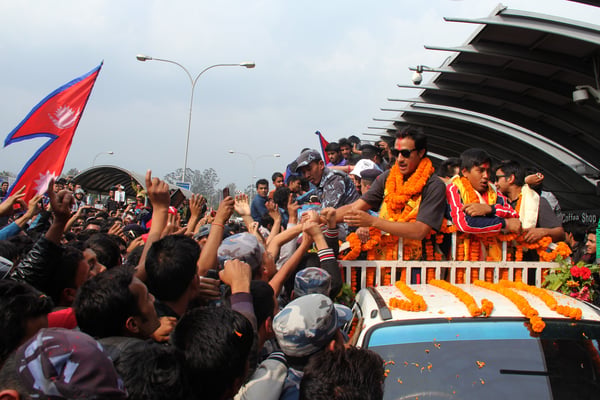 HERO'S WELCOME: The Nepali Cricket Team comes home to a hero's welcome at Tribhuvan International Airport on Friday.