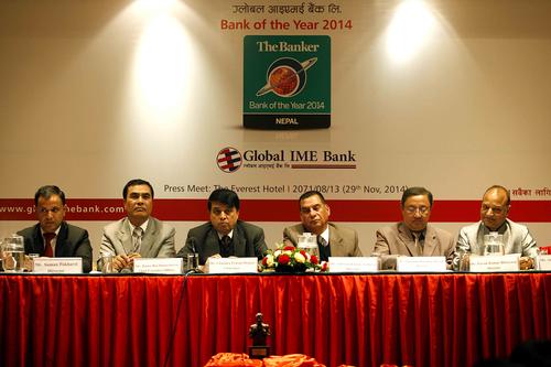 The Board of Directors attending the press meet of Global IME Bank being awarded the Bank of the Year 2014 award at Everest Hotel on Saturday.
