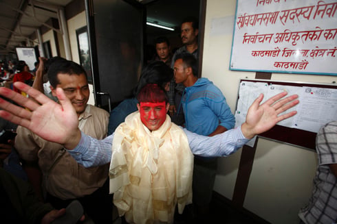 HERE I AM: Padam Kunwar, who slapped UCPN(M) Chairman Pushpa Kamal Dahal in 2012, registers himself as an independent candidate from Kathmandu-10 on Thursday.