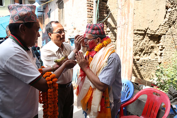 Well-wishers greet Chiri Babu Maharjan after he was elected the new mayor of Lalitpur Metropolitan City on Wednesday.