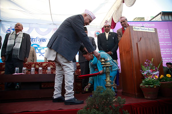 Prime Minister KP Sharma Oli attends a program to launch the National Reconstruction Campaign at Sundhara on Tuesday.
