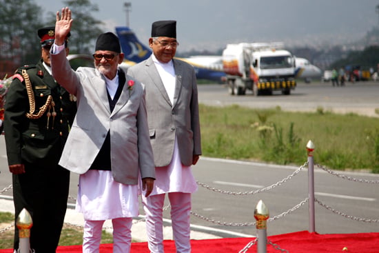 Prime Minister Sushil Koirala at Tribhuvan International Airport before leaving for the Asian African Conference 2015 in Indonesia on Monday.